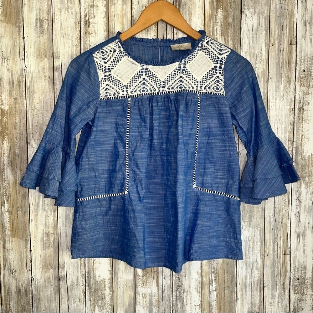 Loft Chambray Ruffle Sleeve Blouse
